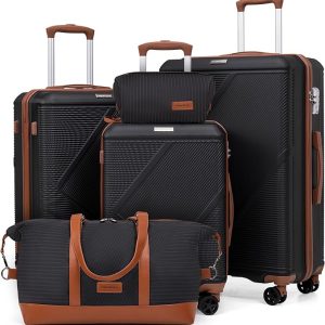 Luggage Sets 5 Piece, Suitcases With Wheels, Lightweight Travel Luggage Set With TSA Lock, ABS Hardshell Carry On Suitcase Set, Black
